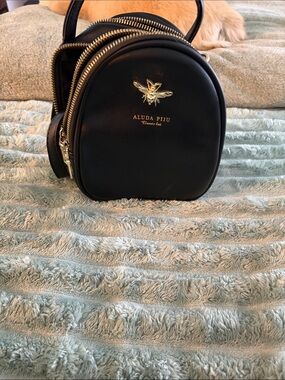 Black Mini Dome Crossbody Bag with Gold Bee Accent